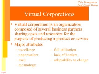 Virtual Corporations Virtual corporation is an organization composed of several business partners sharing costs and resources for the purpose of producing a product or service Major attributes excellence –  full utilization opportunism –  lack of borders trust –  adaptability to change technology 