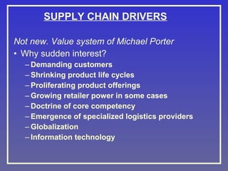 SUPPLY CHAIN DRIVERS
Not new. Value system of Michael Porter
• Why sudden interest?
– Demanding customers
– Shrinking product life cycles
– Proliferating product offerings
– Growing retailer power in some cases
– Doctrine of core competency
– Emergence of specialized logistics providers
– Globalization
– Information technology

 