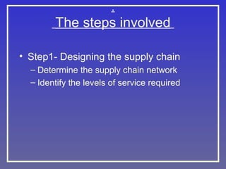 .

The steps involved
• Step1- Designing the supply chain
– Determine the supply chain network
– Identify the levels of service required

 