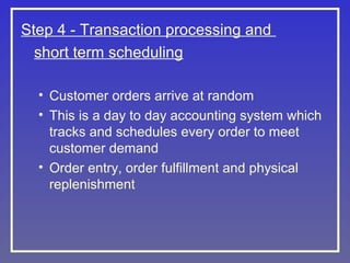 Step 4 - Transaction processing and
short term scheduling
• Customer orders arrive at random
• This is a day to day accounting system which
tracks and schedules every order to meet
customer demand
• Order entry, order fulfillment and physical
replenishment

 