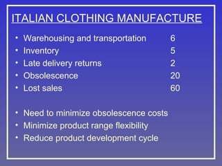 ITALIAN CLOTHING MANUFACTURE
•
•
•
•
•

Warehousing and transportation
Inventory
Late delivery returns
Obsolescence
Lost sales

• Need to minimize obsolescence costs
• Minimize product range flexibility
• Reduce product development cycle

6
5
2
20
60

 