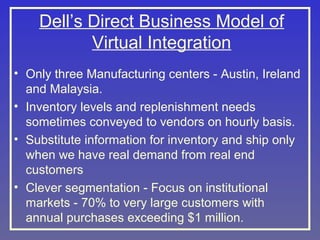 Dell’s Direct Business Model of
Virtual Integration
• Only three Manufacturing centers - Austin, Ireland
and Malaysia.
• Inventory levels and replenishment needs
sometimes conveyed to vendors on hourly basis.
• Substitute information for inventory and ship only
when we have real demand from real end
customers
• Clever segmentation - Focus on institutional
markets - 70% to very large customers with
annual purchases exceeding $1 million.

 