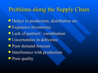 Problems along the Supply Chain Delays in production, distribution etc. Expensive Inventories Lack of partners’ coordination Uncertainties in deliveries Poor demand forecast Interference with production  Poor quality 