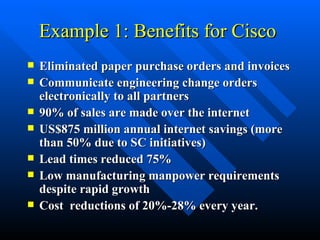 Example 1: Benefits for Cisco  Eliminated paper purchase orders and invoices Communicate engineering change orders electronically to all partners 90% of sales are made over the internet US$875 million annual internet savings (more than 50% due to SC initiatives) Lead times reduced 75% Low manufacturing manpower requirements despite rapid growth Cost  reductions of 20%-28% every year. 