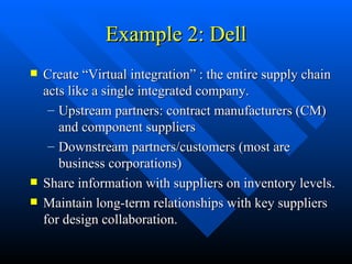 Example 2: Dell Create “Virtual integration” : the entire supply chain acts like a single integrated company. Upstream partners: contract manufacturers (CM) and component suppliers Downstream partners/customers (most are business corporations) Share information with suppliers on inventory levels. Maintain long-term relationships with key suppliers for design collaboration.  