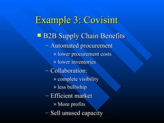 Example 3: Covisint B2B Supply Chain Benefits Automated procurement lower procurement costs  lower inventories Collaboration:  complete visibility less bullwhip Efficient market More profits Sell unused capacity 