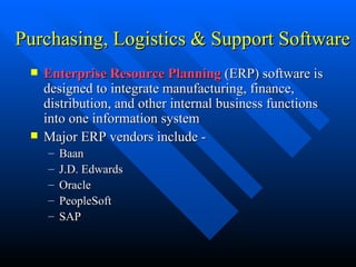 Purchasing, Logistics & Support Software Enterprise Resource Planning  (ERP) software is designed to integrate manufacturing, finance, distribution, and other internal business functions into one information system Major ERP vendors include -  Baan  J.D. Edwards Oracle PeopleSoft SAP  