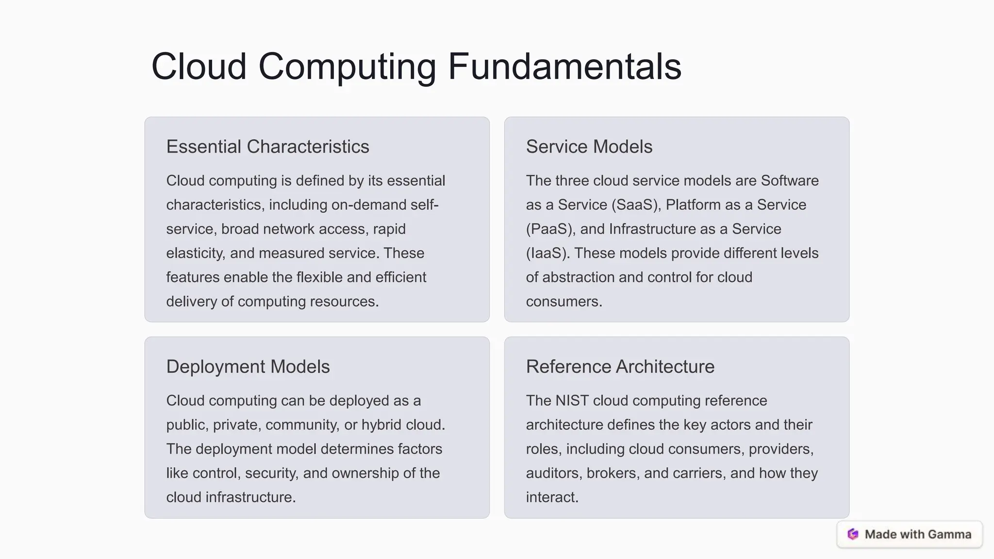 Cloud Computing Fundamentals
Essential Characteristics
Cloud computing is defined by its essential
characteristics, including on-demand self-
service, broad network access, rapid
elasticity, and measured service. These
features enable the flexible and efficient
delivery of computing resources.
Service Models
The three cloud service models are Software
as a Service (SaaS), Platform as a Service
(PaaS), and Infrastructure as a Service
(IaaS). These models provide different levels
of abstraction and control for cloud
consumers.
Deployment Models
Cloud computing can be deployed as a
public, private, community, or hybrid cloud.
The deployment model determines factors
like control, security, and ownership of the
cloud infrastructure.
Reference Architecture
The NIST cloud computing reference
architecture defines the key actors and their
roles, including cloud consumers, providers,
auditors, brokers, and carriers, and how they
interact.
 