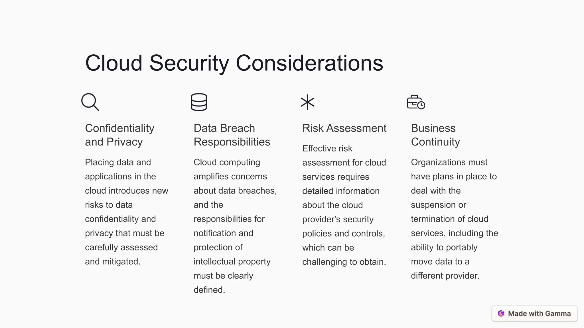 Cloud Security Considerations
Confidentiality
and Privacy
Placing data and
applications in the
cloud introduces new
risks to data
confidentiality and
privacy that must be
carefully assessed
and mitigated.
Data Breach
Responsibilities
Cloud computing
amplifies concerns
about data breaches,
and the
responsibilities for
notification and
protection of
intellectual property
must be clearly
defined.
Risk Assessment
Effective risk
assessment for cloud
services requires
detailed information
about the cloud
provider's security
policies and controls,
which can be
challenging to obtain.
Business
Continuity
Organizations must
have plans in place to
deal with the
suspension or
termination of cloud
services, including the
ability to portably
move data to a
different provider.
 