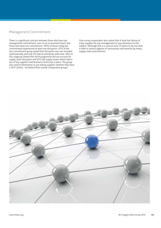 Management Commitment
There is a significant contrast between those who have top
management commitment, even on an inconsistent basis, and
those who have low commitment. 100% of those citing low
commitment experienced at least one disruption. 47% of the
low commitment group stated that disruption was not recorded
systematically and only 3% had an enterprise wide view. 40% of
this subgroup stated their BCM programme did not account for
supply chain disruption and 61% had supply chains where half or
less of key suppliers had Business Continuity in place. This group
also restrict themselves to just asking suppliers whether they have
a ‘BCP’ (54%) – far behind their overall comparative groups.

www.thebci.org	

One survey respondent also noted that it took the failure of
a key supplier for top management to pay attention to this
subject. Although this is a cynical view, it seems to be one that
is held in various degrees of seriousness and severity by many
supply chain practitioners.

BCI Supply Chain Survey 2013	

[9]

 