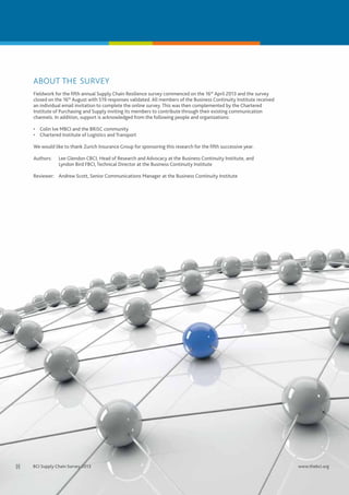 about the survey
Fieldwork for the fifth annual Supply Chain Resilience survey commenced on the 16th April 2013 and the survey
closed on the 16th August with 519 responses validated. All members of the Business Continuity Institute received
an individual email invitation to complete the online survey. This was then complemented by the Chartered
Institute of Purchasing and Supply inviting its members to contribute through their existing communication
channels. In addition, support is acknowledged from the following people and organizations:
•	 Colin Ive MBCI and the BRiSC community
•	 Chartered Institute of Logistics and Transport
We would like to thank Zurich Insurance Group for sponsoring this research for the fifth successive year.
Authors:	

Lee Glendon CBCI, Head of Research and Advocacy at the Business Continuity Institute, and
Lyndon Bird FBCI, Technical Director at the Business Continuity Institute

Reviewer:	 Andrew Scott, Senior Communications Manager at the Business Continuity Institute

[i]	

BCI Supply Chain Survey 2013	

www.thebci.org

 