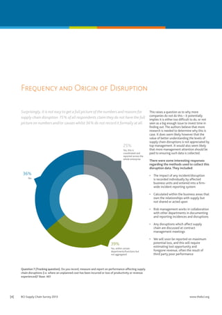 Frequency and Origin of Disruption
Surprisingly, it is not easy to get a full picture of the numbers and reasons for
supply chain disruption. 75% of all respondents claim they do not have the full
picture on numbers and/or causes whilst 36% do not record it formally at all.

25%
Yes, this is
coordinated and
reported across the
whole enterprise

36%

This raises a question as to why more
companies do not do this – it potentially
implies it is either too difficult to do, or not
seen as a big enough issue to invest time in
finding out. The authors believe that more
research is needed to determine why this is
case. It does seem likely however that the
value of better understanding the levels of
supply chain disruptions is not appreciated by
top management. It would also seem likely
that more management attention should be
paid to ensuring such data is collected.
There were some interesting responses
regarding the methods used to collect this
disruption data. They included:
•	 The impact of any incident/disruption
is recorded individually by affected
business units and entered into a firmwide incident reporting system

No

•	 Calculated within the business areas that
own the relationships with supply but
not shared or acted upon
•	 Risk management works in collaboration
with other departments in documenting
and reporting incidences and disruptions
•	 Any disruptions which affect supply
chain are discussed at contract
management meetings

39%
Yes, within certain
departments/functions but
not aggregated

•	 We will soon be reported on maximum
potential loss, and this will require
estimating lost opportunity and
foregone revenue, often the result of
third party poor performance

Question 7 (Tracking question). Do you record, measure and report on performance-affecting supply
chain disruptions (i.e. where an unplanned cost has been incurred or loss of productivity or revenue
experienced)? Base: 461

[4]	

BCI Supply Chain Survey 2013	

www.thebci.org

 