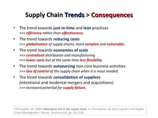 Supply Chain  Trends   >   Consequences The trend towards  just-in-time  and  lean  practices  >>>  efficiency   rather than  effectiveness . The trend towards  reducing costs   >>>  globalization   of supply chains, more  complex  and  vulnerable . The trend towards  economies of scale >>>  centralized   distribution and manufacturing >>>  lower costs  but at the same time  less flexibility . The trend towards  outsourcing  non-core business activities >>>  loss of control  of the supply chain when it is most needed . The trend towards  consolidation of suppliers (intentional and incidental mergers and acquisitions) >>>  increased potential for  supply failure .  Christopher, M. (2005)  Managing risk in the supply chain . In: Christopher, M. (Ed.)  Logistics and Supply Chain Management.  3rd ed., Prentice Hall, pp. 231-258. 