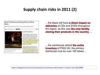 Supply chain risks in 2011 (2) www.rollingstone.com/music/news/sony-warehouse-destroyed-in-london-riots-20110809 … the blaze will have  a direct impact on deliveries  of CDs and DVDs throughout the region, as this was  the only facility storing their products in the country ….  … the warehouse stored  the entire inventory   of PIAS UK, the primary distribution hub for over 150 labels… 