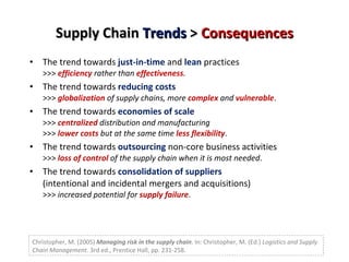 Supply Chain  Trends   >   Consequences <ul><li>The trend towards  just-in-time  and  lean  practices  >>>  efficiency   r...