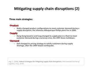 Mitigating supply chain disruptions (2) <ul><li>Three main strategies: </li></ul><ul><li>Product   </li></ul><ul><ul><li>N...