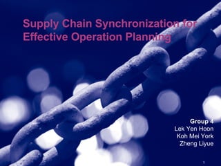 Supply Chain Synchronization for
Effective Operation Planning




                                Group 4
                           Lek Yen Hoon
                            Koh Mei York
                             Zheng Liyue

                                    1
 