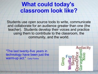 What could today's  classroom look like?   Students use open source tools to write, communicate and collaborate for an audience greater than one (the teacher).  Students develop their voices and practice using them to contribute to the classroom, the community, and the world.   &quot;The last twenty-five years in technology have been just the warm-up act.&quot;   Carly Fiorina     