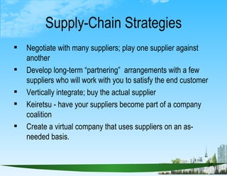 Supply-Chain Strategies <ul><li>Negotiate with many suppliers; play one supplier against another </li></ul><ul><li>Develop...