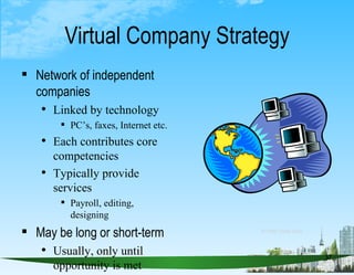 Virtual Company Strategy <ul><li>Network of independent companies </li></ul><ul><ul><li>Linked by technology </li></ul></u...