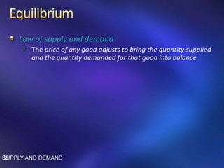 Law of supply and demand
The price of any good adjusts to bring the quantity supplied
and the quantity demanded for that good into balance
SUPPLY AND DEMAND35
 
