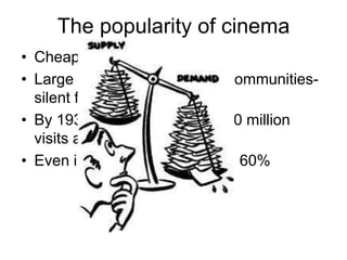 The popularity of cinema
• Cheap entertainment
• Large non english speaking communities-
  silent films perfect.
• By 1930 65% once a week; 80 million
  visits a week
• Even in economic depression 60%
 