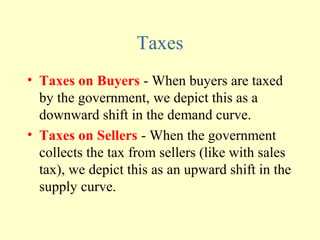 Taxes
• Taxes on Buyers - When buyers are taxed
by the government, we depict this as a
downward shift in the demand curve.
• Taxes on Sellers - When the government
collects the tax from sellers (like with sales
tax), we depict this as an upward shift in the
supply curve.

 