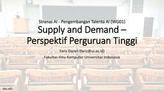 Stranas AI - Pengembangan Talenta AI (WG01)
Supply and Demand –
Perspektif Perguruan Tinggi
Fariz Darari (fariz@ui.ac.id)
Fakultas Ilmu Komputer Universitas Indonesia
doc.v02
 