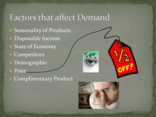  Seasonality of Products
 Disposable Income
 State of Economy
 Competitors
 Demographic
 Price
 Complimentary Product

 