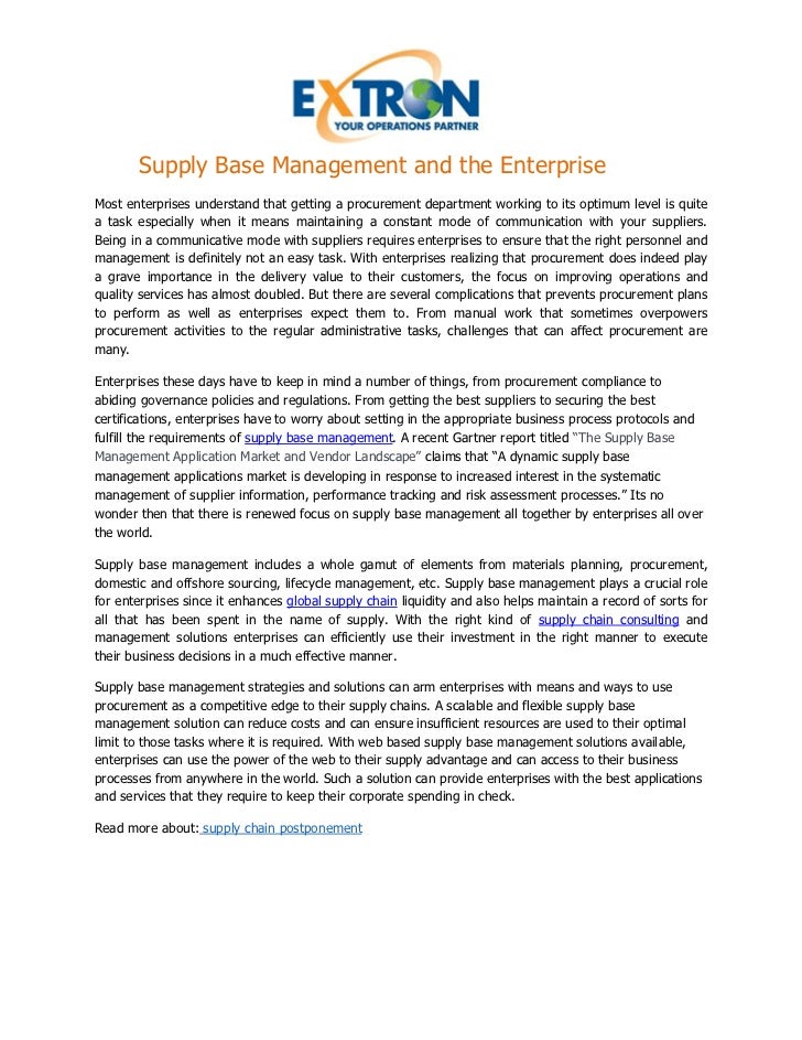 Supply Base Management and the Enterprise