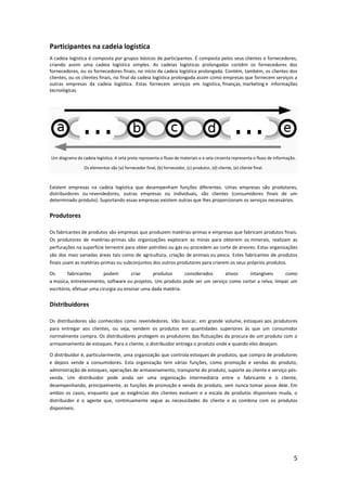 Participantes na cadeia logística
A cadeia logística é composta por grupos básicos de participantes. É composta pelos seus clientes e fornecedores,
criando assim uma cadeia logística simples. As cadeias logísticas prolongadas contêm os fornecedores dos
fornecedores, ou os fornecedores finais, no início da cadeia logística prolongada. Contém, também, os clientes dos
clientes, ou os clientes finais, no final da cadeia logística prolongada assim como empresas que fornecem serviços a
outras empresas da cadeia logística. Estas fornecem serviços em logística, finanças, marketing e informações
tecnológicas.




Um diagrama da cadeia logística. A seta preta representa o fluxo de materiais e a seta cinzenta representa o fluxo de informação.

                 Os elementos são (a) fornecedor final, (b) fornecedor, (c) produtor, (d) cliente, (e) cliente final.



Existem empresas na cadeia logística que desempenham funções diferentes. Umas empresas são produtores,
distribuidores ou revendedores, outras empresas ou individuais, são clientes (consumidores finais de um
determinado produto). Suportando essas empresas existem outras que lhes proporcionam os serviços necessários.


Produtores

Os fabricantes de produtos são empresas que produzem matérias-primas e empresas que fabricam produtos finais.
Os produtores de matérias-primas são organizações exploram as minas para obterem os minerais, realizam as
perfurações na superfície terrestre para obter petróleo ou gás ou procedem ao corte de árvores. Estas organizações
são dos mais variadas áreas tais como de agricultura, criação de animais ou pesca. Estes fabricantes de produtos
finais usam as matérias-primas ou subconjuntos dos outros produtores para criarem os seus próprios produtos.

Os       fabricantes      podem        criar     produtos     considerados   ativos    intangíveis      como
a música, entretenimento, software ou projetos. Um produto pode ser um serviço como cortar a relva, limpar um
escritório, efetuar uma cirurgia ou ensinar uma dada matéria.


Distribuidores

Os distribuidores são conhecidos como revendedores. Vão buscar, em grande volume, estoques aos produtores
para entregar aos clientes, ou seja, vendem os produtos em quantidades superiores ás que um consumidor
normalmente compra. Os distribuidores protegem os produtores das flutuações da procura de um produto com o
armazenamento de estoques. Para o cliente, o distribuidor entrega o produto onde e quando eles desejam.

O distribuidor é, particularmente, uma organização que controla estoques de produtos, que compra de produtores
e depois vende a consumidores. Esta organização tem várias funções, como promoção e vendas do produto,
administração de estoques, operações de armazenamento, transporte do produto, suporte ao cliente e serviço pós-
venda. Um distribuidor pode ainda ser uma organização intermediária entre o fabricante e o cliente,
desempenhando, principalmente, as funções de promoção e venda do produto, sem nunca tomar posse dele. Em
ambos os casos, enquanto que as exigências dos clientes evoluem e a escala de produtos disponíveis muda, o
distribuidor é o agente que, continuamente segue as necessidades do cliente e as combina com os produtos
disponíveis.




                                                                                                                               5
 