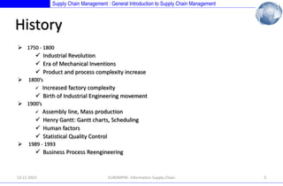 Supply Chain Management : General Introduction to Supply Chain Management

History
 1750 - 1800

 Industrial Revolution
 Era of Mechanical Inventions
 Product and process complexity increase


1800’s

Increased factory complexity
 Birth of Industrial Engineering movement


 1900’s

Assembly line, Mass production
 Henry Gantt: Gantt charts, Scheduling
 Human factors
 Statistical Quality Control




1989 - 1993

 Business Process Reengineering

13.12.2013

EUROMPM- Information Supply Chain

5

 
