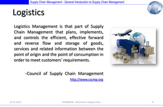 Supply Chain Management : General Introduction to Supply Chain Management

Logistics
Logistics Management is that part of Supply
Chain Management that plans, implements,
and controls the efficient, effective forward
and reverse flow and storage of goods,
services and related information between the
point of origin and the point of consumption in
order to meet customers' requirements.
-Council of Supply Chain Management
http://www.cscmp.org

13.12.2013

EUROMPM- Information Supply Chain

9

 