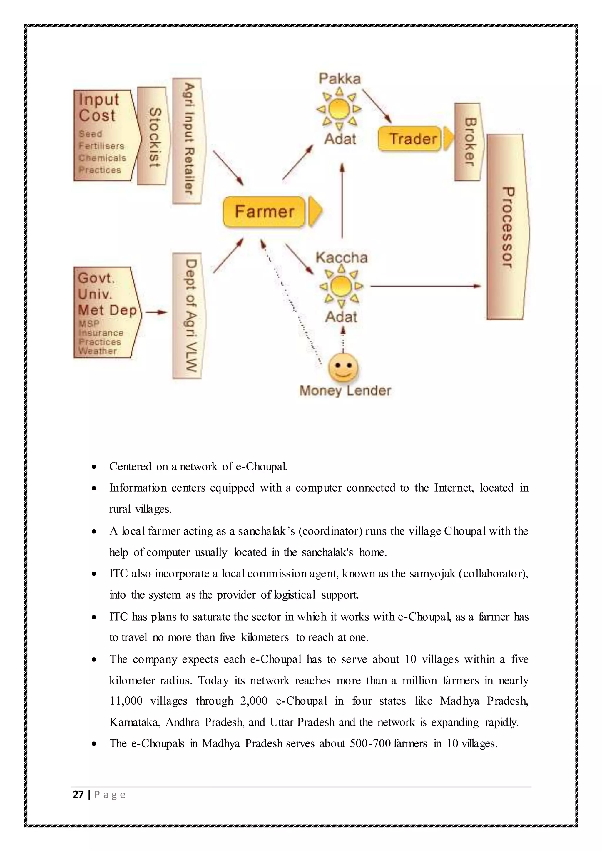 27 | P a g e
 Centered on a network of e-Choupal.
 Information centers equipped with a computer connected to the Internet, located in
rural villages.
 A local farmer acting as a sanchalak’s (coordinator) runs the village Choupal with the
help of computer usually located in the sanchalak's home.
 ITC also incorporate a local commission agent, known as the samyojak (collaborator),
into the system as the provider of logistical support.
 ITC has plans to saturate the sector in which it works with e-Choupal, as a farmer has
to travel no more than five kilometers to reach at one.
 The company expects each e-Choupal has to serve about 10 villages within a five
kilometer radius. Today its network reaches more than a million farmers in nearly
11,000 villages through 2,000 e-Choupal in four states like Madhya Pradesh,
Karnataka, Andhra Pradesh, and Uttar Pradesh and the network is expanding rapidly.
 The e-Choupals in Madhya Pradesh serves about 500-700 farmers in 10 villages.
 