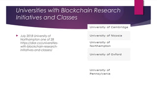 Universities with Blockchain Research
Initiatives and Classes
 July 2018 University of
Northampton one of 28
https://diar.co/universities-
with-blockchain-research-
initiatives-and-classes/
 