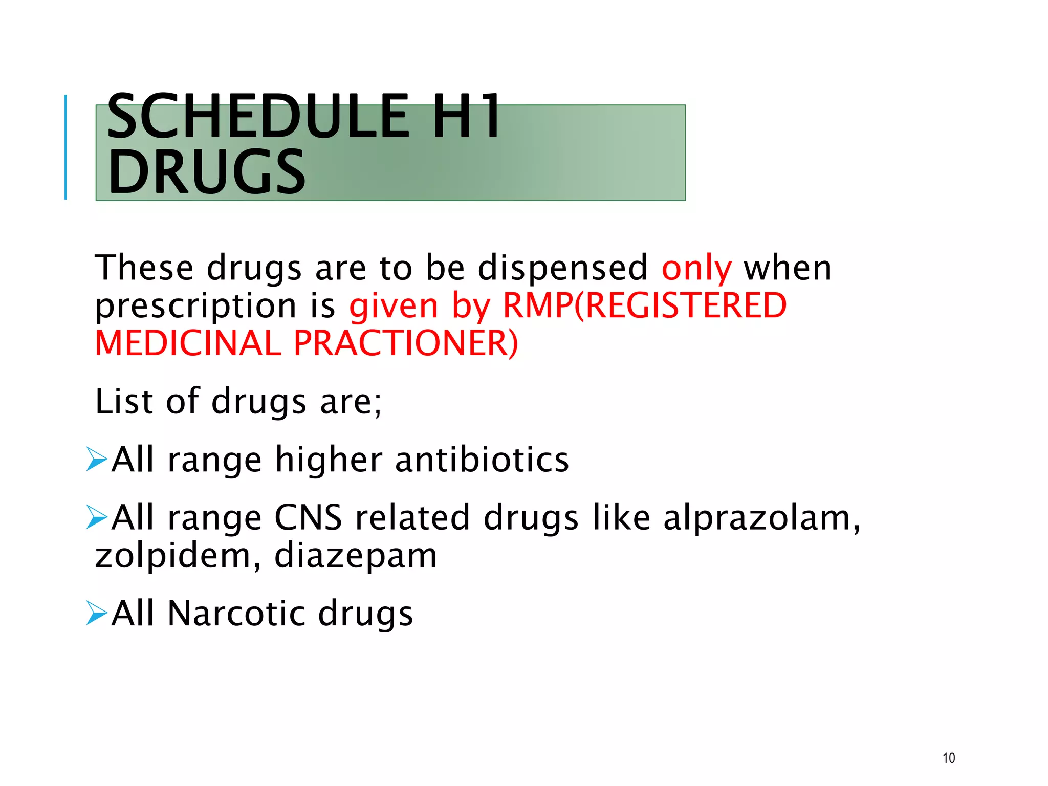 SCHEDULE H1
DRUGS
These drugs are to be dispensed only when
prescription is given by RMP(REGISTERED
MEDICINAL PRACTIONER)
List of drugs are;
All range higher antibiotics
All range CNS related drugs like alprazolam,
zolpidem, diazepam
All Narcotic drugs
10
 