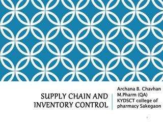 SUPPLY CHAIN AND
INVENTORY CONTROL
Archana B. Chavhan
M.Pharm (QA)
KYDSCT college of
pharmacy Sakegaon
1
 