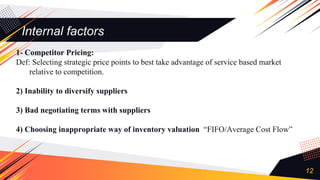 Internal factors
1- Competitor Pricing:
Def: Selecting strategic price points to best take advantage of service based market
relative to competition.
2) Inability to diversify suppliers
3) Bad negotiating terms with suppliers
4) Choosing inappropriate way of inventory valuation “FIFO/Average Cost Flow”
12
 