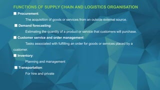 FUNCTIONS OF SUPPLY CHAIN AND LOGISTICS ORGANISATION
■ Procurement:
The acquisition of goods or services from an outside external source.
■ Demand forecasting:
Estimating the quantity of a product or service that customers will purchase.
■ Customer service and order management:
Tasks associated with fulfilling an order for goods or services placed by a
customer.
■ Inventory:
Planning and management
■ Transportation:
For hire and private
 