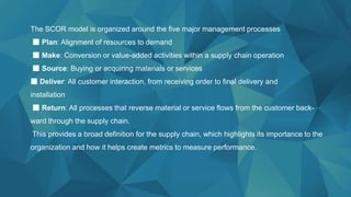 The SCOR model is organized around the five major management processes
■ Plan: Alignment of resources to demand
■ Make: Conversion or value-added activities within a supply chain operation
■ Source: Buying or acquiring materials or services
■ Deliver: All customer interaction, from receiving order to final delivery and
installation
■ Return: All processes that reverse material or service flows from the customer back-
ward through the supply chain.
This provides a broad definition for the supply chain, which highlights its importance to the
organization and how it helps create metrics to measure performance.
 