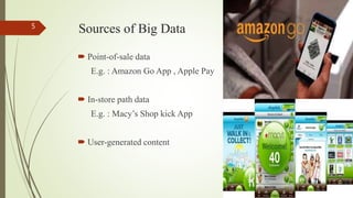 Sources of Big Data
 Point-of-sale data
E.g. : Amazon Go App , Apple Pay
 In-store path data
E.g. : Macy’s Shop kick App
 User-generated content
5
 