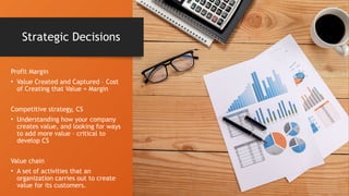 Strategic Decisions
Profit Margin
• Value Created and Captured – Cost
of Creating that Value = Margin
Competitive strategy, CS
• Understanding how your company
creates value, and looking for ways
to add more value – critical to
develop CS
Value chain
• A set of activities that an
organization carries out to create
value for its customers.
 