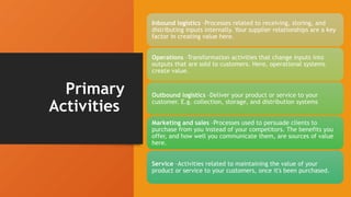 Primary
Activities
Inbound logistics –Processes related to receiving, storing, and
distributing inputs internally. Your supplier relationships are a key
factor in creating value here.
Operations –Transformation activities that change inputs into
outputs that are sold to customers. Here, operational systems
create value.
Outbound logistics –Deliver your product or service to your
customer. E.g. collection, storage, and distribution systems
Marketing and sales –Processes used to persuade clients to
purchase from you instead of your competitors. The benefits you
offer, and how well you communicate them, are sources of value
here.
Service –Activities related to maintaining the value of your
product or service to your customers, once it's been purchased.
 