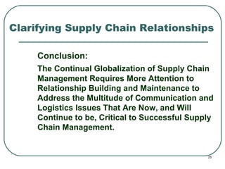 Clarifying Supply Chain Relationships Conclusion: The Continual Globalization of Supply Chain Management Requires More Attention to Relationship Building and Maintenance to Address the Multitude of Communication and Logistics Issues That Are Now, and Will Continue to be, Critical to Successful Supply Chain Management. 