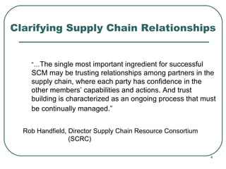 Clarifying Supply Chain Relationships “… The single most important ingredient for successful SCM may be trusting relationships among partners in the supply chain, where each party has confidence in the other members’ capabilities and actions. And trust building is characterized as an ongoing process that must be continually managed.”   Rob Handfield, Director Supply Chain Resource Consortium  (SCRC) 