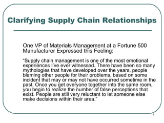Clarifying Supply Chain Relationships One VP of Materials Management at a Fortune 500 Manufacturer Expressed this Feeling: “Supply chain management is one of the most emotional experiences I’ve ever witnessed. There have been so many mythologies that have developed over the years, people blaming other people for their problems, based on some incident that may or may not have occurred sometime in the past. Once you get everyone together into the same room, you begin to realize the number of false perceptions that exist. People are still very reluctant to let someone else make decisions within their area.” 