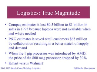 Logistics: True Magnitude
ISyE 3103 Supply Chain Modeling: Logistics Siddhartha Maheshwary
• Compaq estimates it lost $0.5 billion to $1 billion in
sales in 1995 because laptops were not available when
and where needed
• P&G estimates it saved retail customers $65 million
by collaboration resulting in a better match of supply
and demand
• When the 1 gig processor was introduced by AMD,
the price of the 800 meg processor dropped by 30%
• Kmart versus Walmart
 