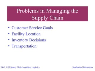 Problems in Managing the
Supply Chain
• Customer Service Goals
• Facility Location
• Inventory Decisions
• Transportation
ISyE 3103 Supply Chain Modeling: Logistics Siddhartha Maheshwary
 