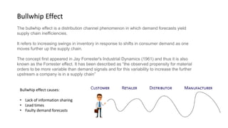 Bullwhip effect causes:
• Lack of information sharing
• Lead times
• Faulty demand forecasts
The bullwhip effect is a distribution channel phenomenon in which demand forecasts yield
supply chain inefficiencies.
It refers to increasing swings in inventory in response to shifts in consumer demand as one
moves further up the supply chain.
The concept first appeared in Jay Forrester's Industrial Dynamics (1961) and thus it is also
known as the Forrester effect. It has been described as “the observed propensity for material
orders to be more variable than demand signals and for this variability to increase the further
upstream a company is in a supply chain”
Bullwhip Effect
 