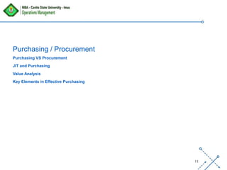 ‘-
11
Purchasing VS Procurement
JIT and Purchasing
Value Analysis
Key Elements in Effective Purchasing
Purchasing / Procurement
 